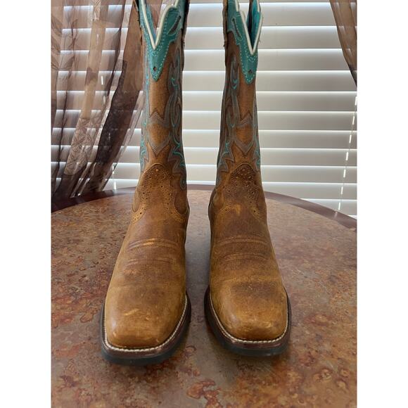Justin Sevana Tan Western Cowboy Turquoise Brown Leather Boots - Picture 7 of 9